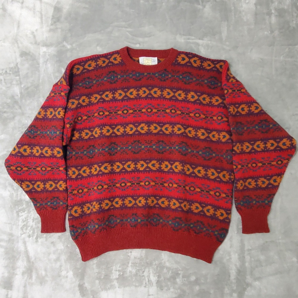 Christopher Fischer 100% Wool Fair Isle Sweater Mens XL Red Vintage Scotland VTG
